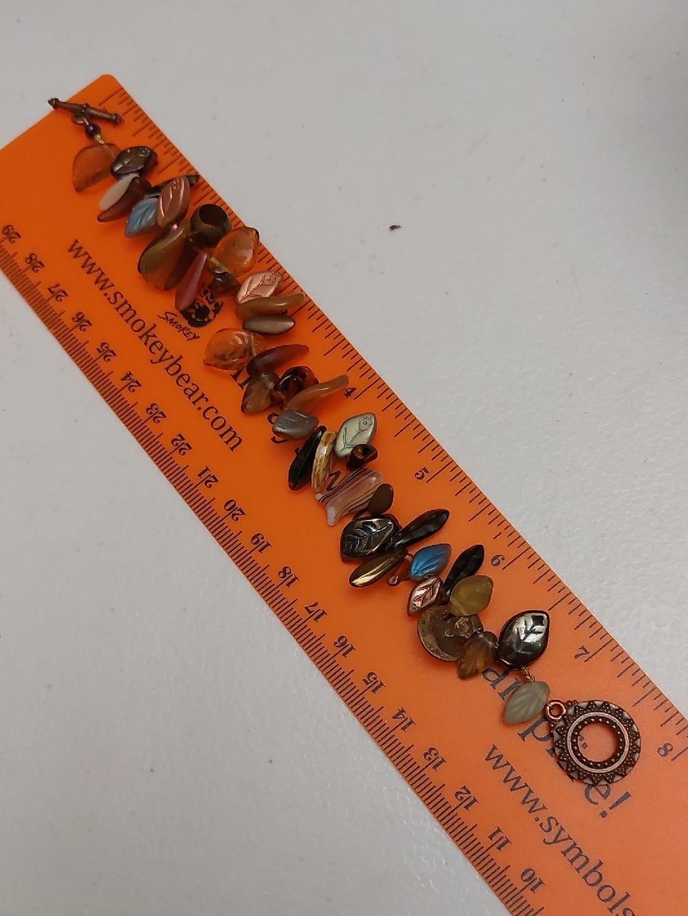 Earthtone Colors Leaf Pressed Glass Beads Toggle Bracelet Copper Tone Clasp - Picture 5 of 5